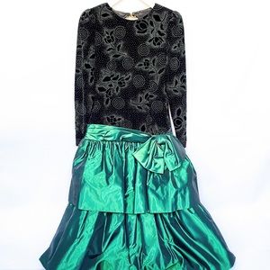 Vintage 80s AJ Bari Green Velour Taffeta Evening Dress